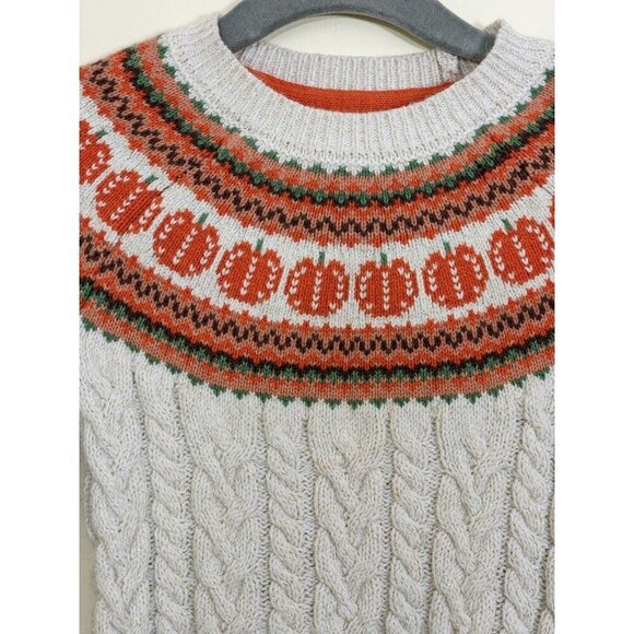 Cynthia Rowley Girls XS 4 Sweater Pumpkin Print Beige Cable Knit Sparkle Ruffle - Picture 3 of 5